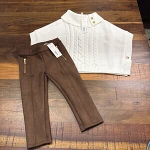 NWT Janie and Jack Ivory Cable Knit cape with Suede leggings Size 18-24 Months